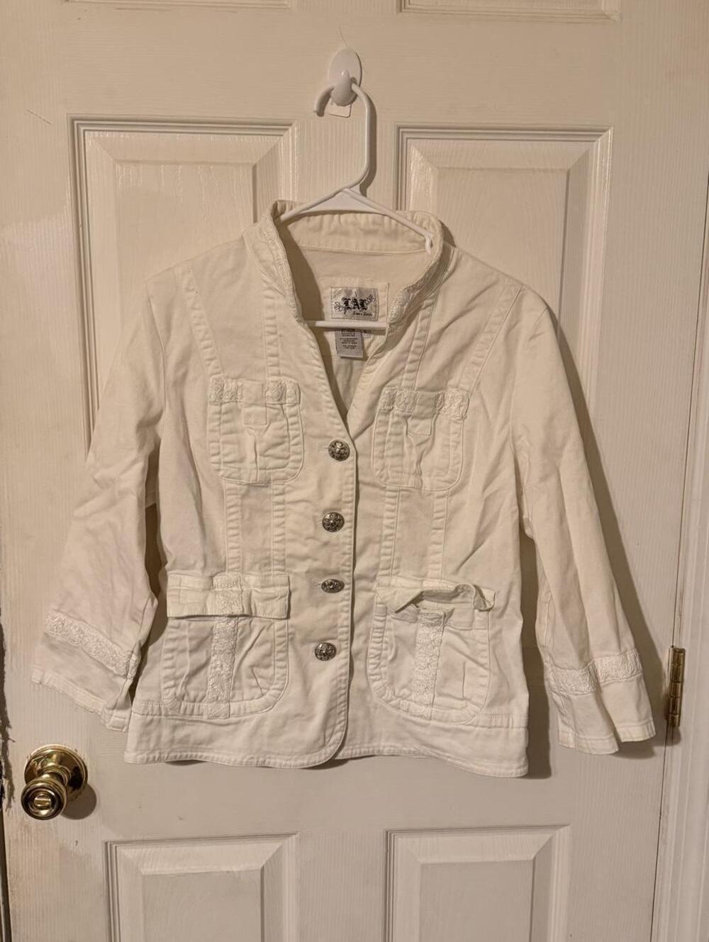 VTG Y2K LAX Live a Little White Lace Trim Twill Coquette Denim CottagecoreJacket